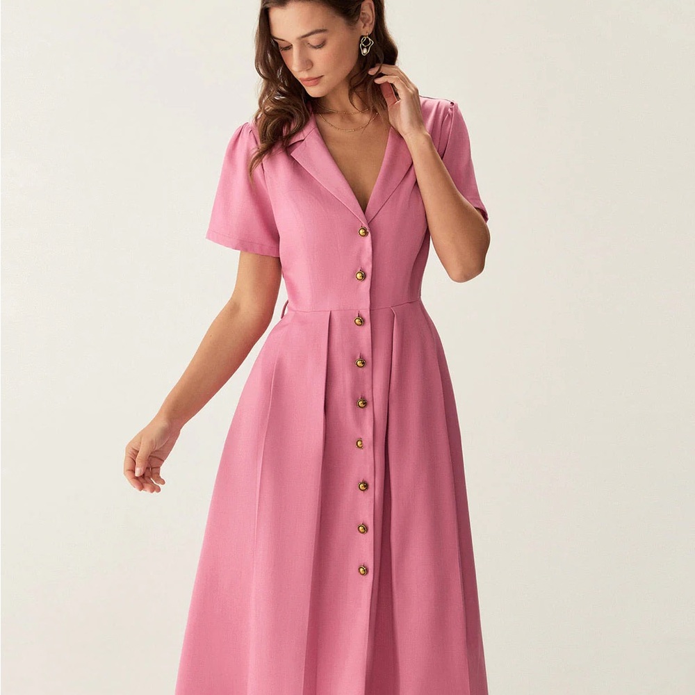 RIHOAS Pink A-Line Midi Dress with Puff Sleeves